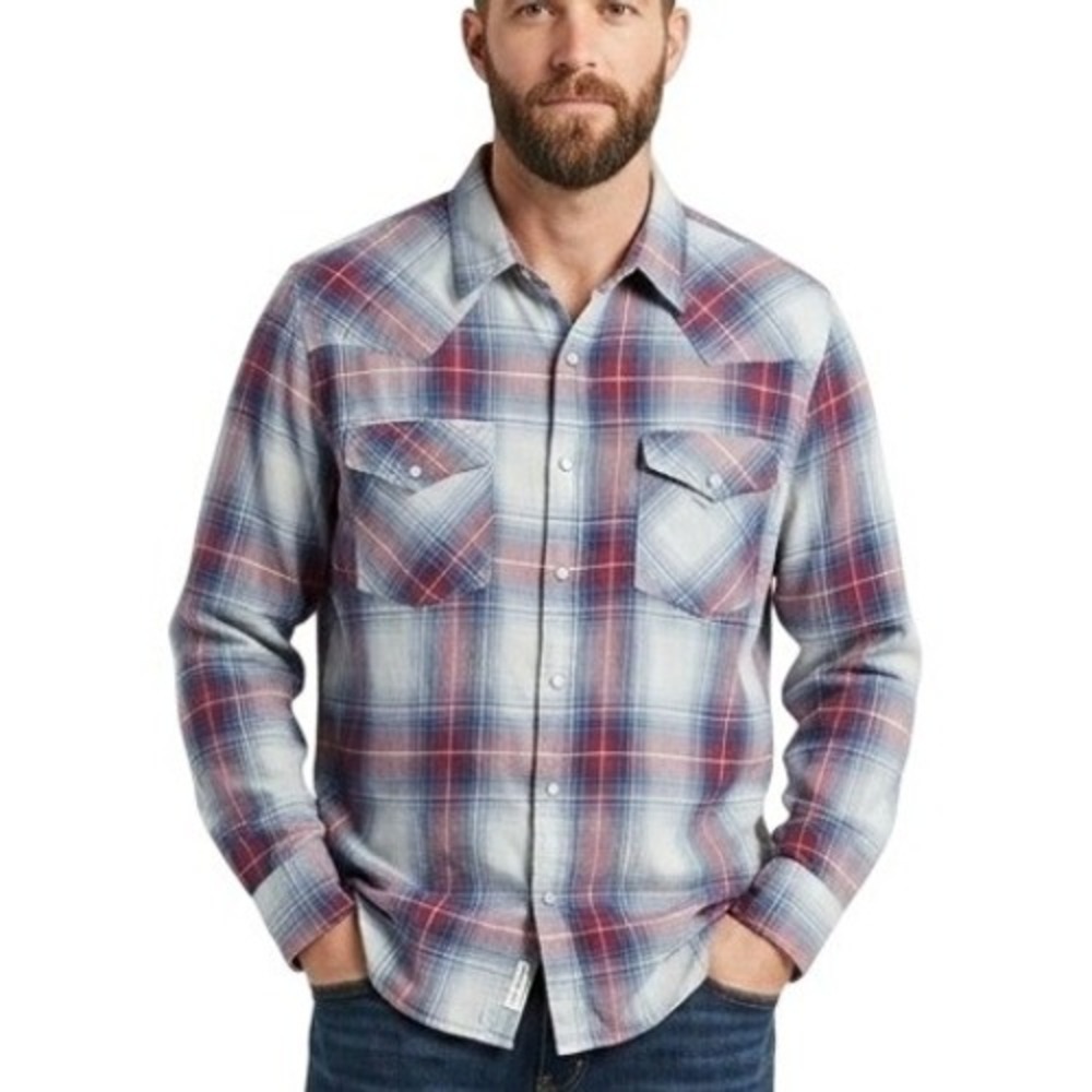 Duke Haband Western Pearl Snap Shirt Mens 3XL Blue Red Plaid‎ Cowboycore Rodeo